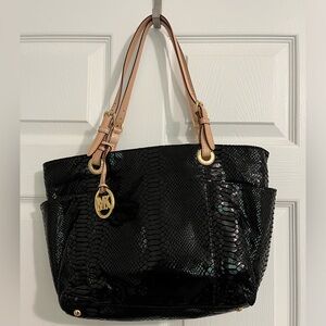 Michael Kors Leather Crocodile Shoulder Tote, Black, New